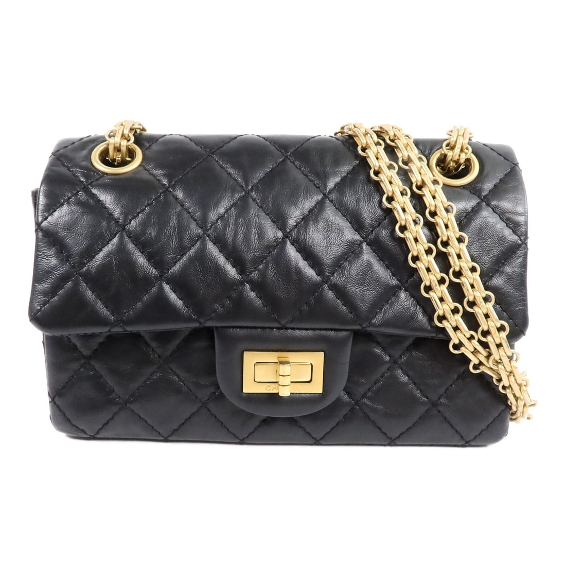 CHANEL 2.55 Mini Shoulder Bag AS0874 Black Calfskin GHW: CHANEL 2.55 Mini Shoulder Bag AS0874 Black Calfskin GHW Chanel 2.55 Mini chain shoulder bag in black calfskin leather with CC turn-lock closure and chain strap. This women's shoulder bag features an e