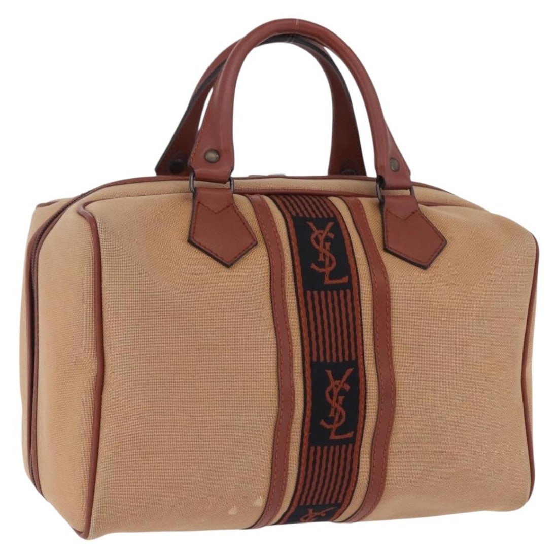 SAINT LAURENT Beige Brown Canvas Womens Hand Bag Italy: SAINT LAURENT Beige Brown Canvas Womens Hand Bag Italy Saint Laurent women's canvas handbag in beige and brown, made in Italy. This heavily used bag shows visible wear throughout, including rubbing, s