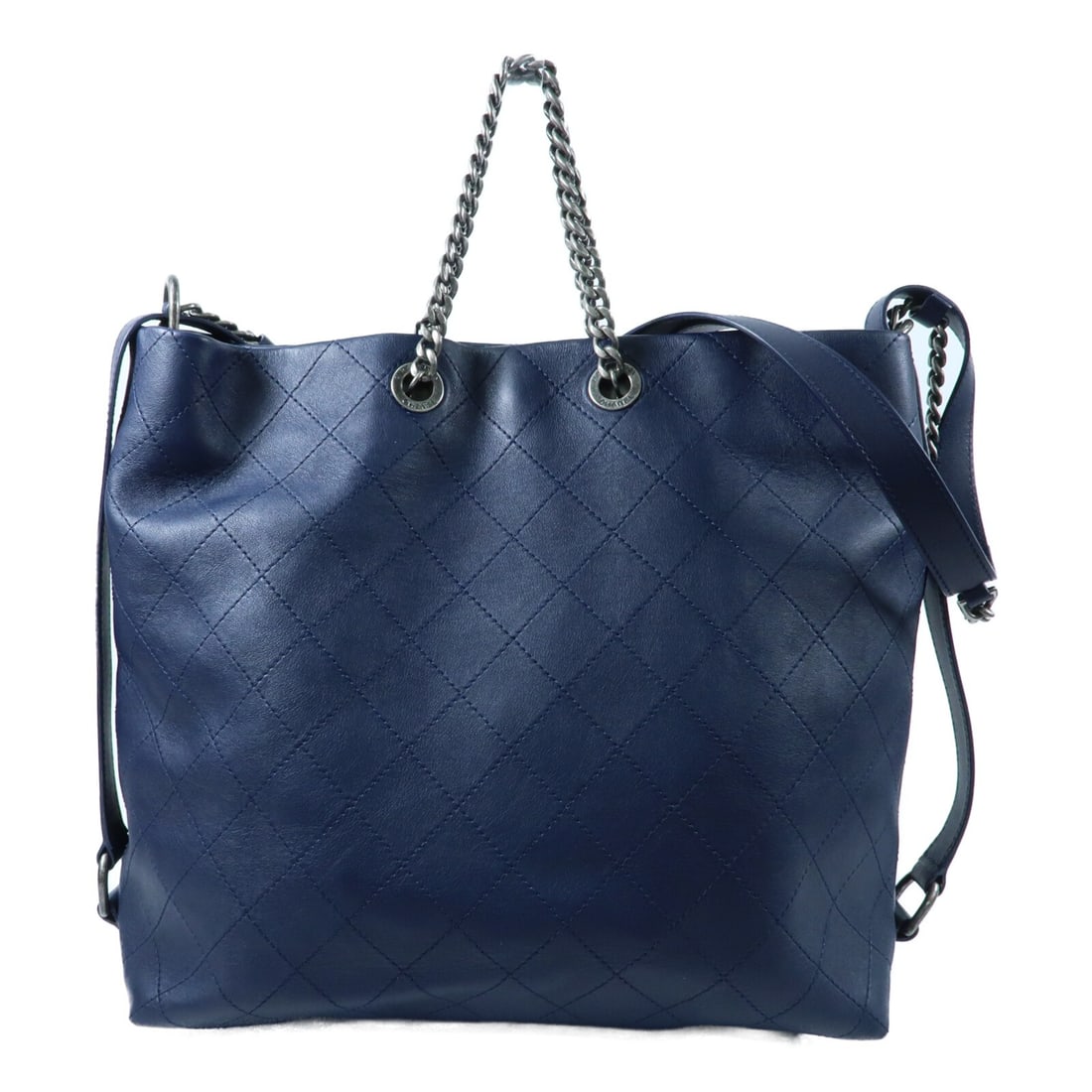 CHANEL CC Calfskin 2 Way Shoulder Bag Navy Women: CHANEL CC Calfskin 2 Way Shoulder Bag Navy Women CHANEL CC 2-way chain shoulder bag in navy calfskin leather with a structured silhouette and chain strap design. This women's bag includes a magnetic p