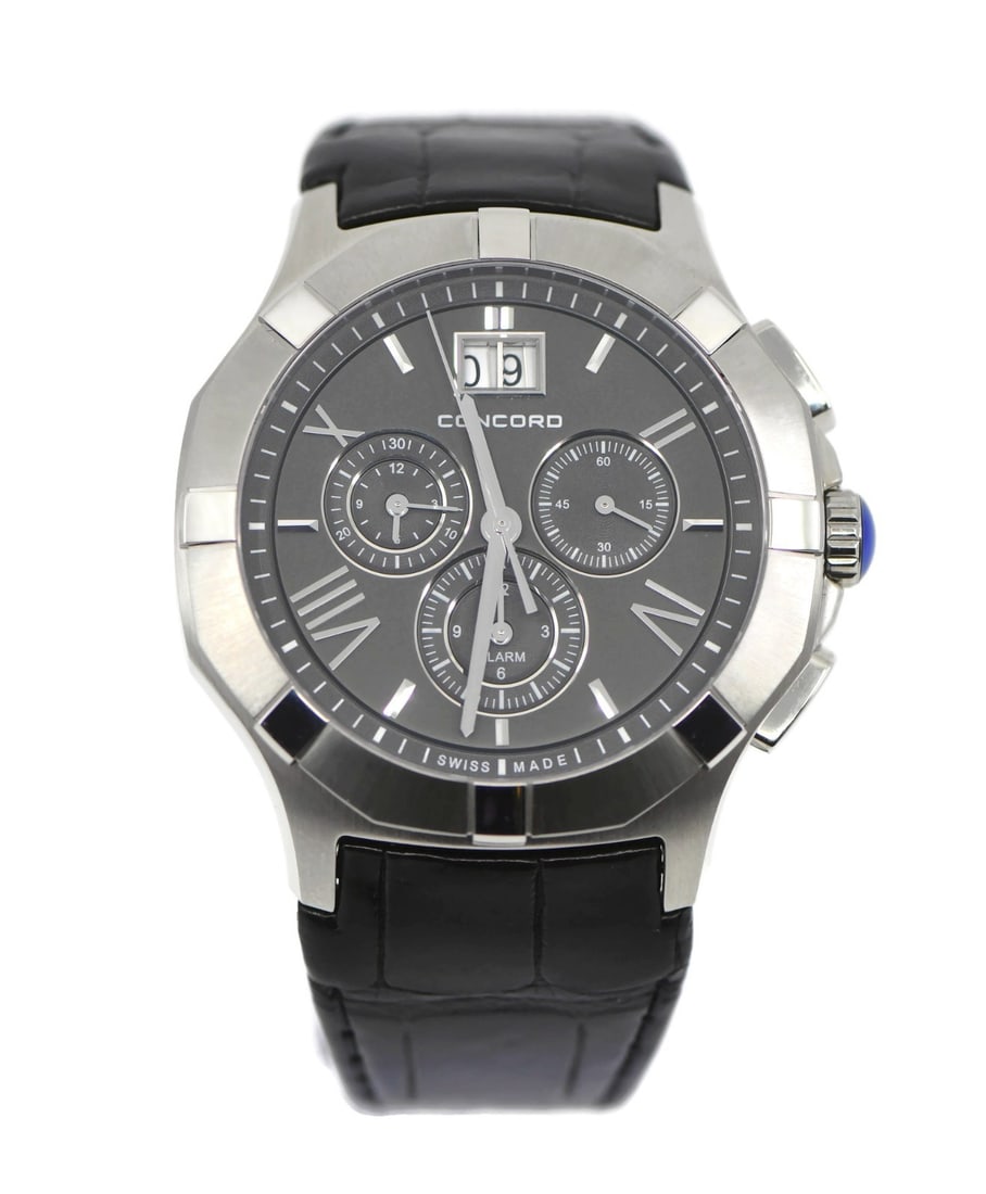 Concord Saratoga Quartz Leather Band Stainless Steel Wristwatch Ref 02.6.14.1072: Concord Saratoga Quartz Leather Band Stainless Steel Wristwatch Ref 02.6.14.1072 This Concord Saratoga wristwatch features a stainless steel case and an analog display. Powered by a quartz movement, i