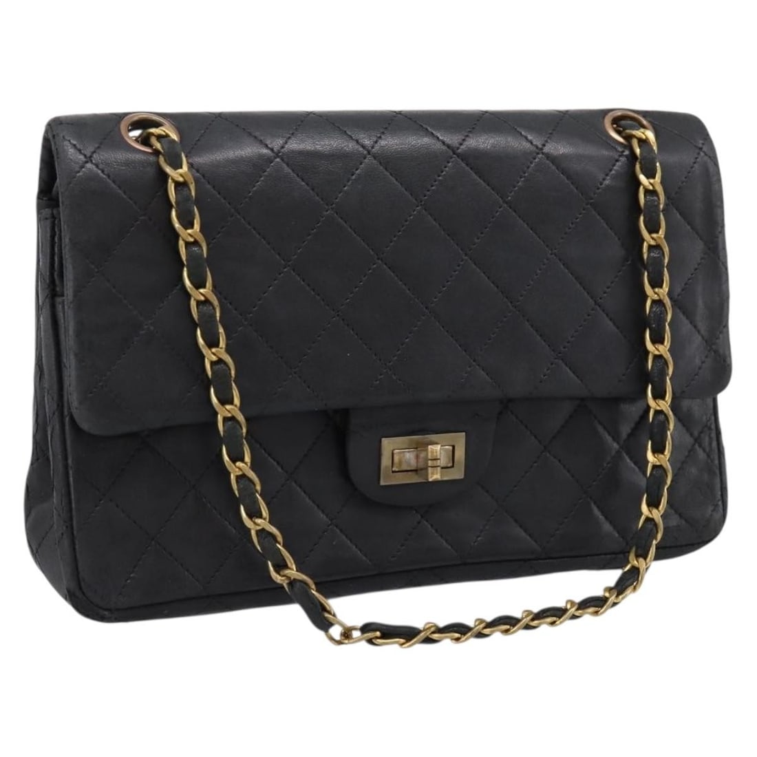 CHANEL Matelasse 25.5 Lamb Skin Shoulder Bag Black Gold CC: CHANEL Matelasse 25.5 Lamb Skin Shoulder Bag Black Gold CC Classic CHANEL Matelasse double flap chain shoulder bag in black lamb skin with gold-tone CC detailing. This women's shoulder bag shows heavy