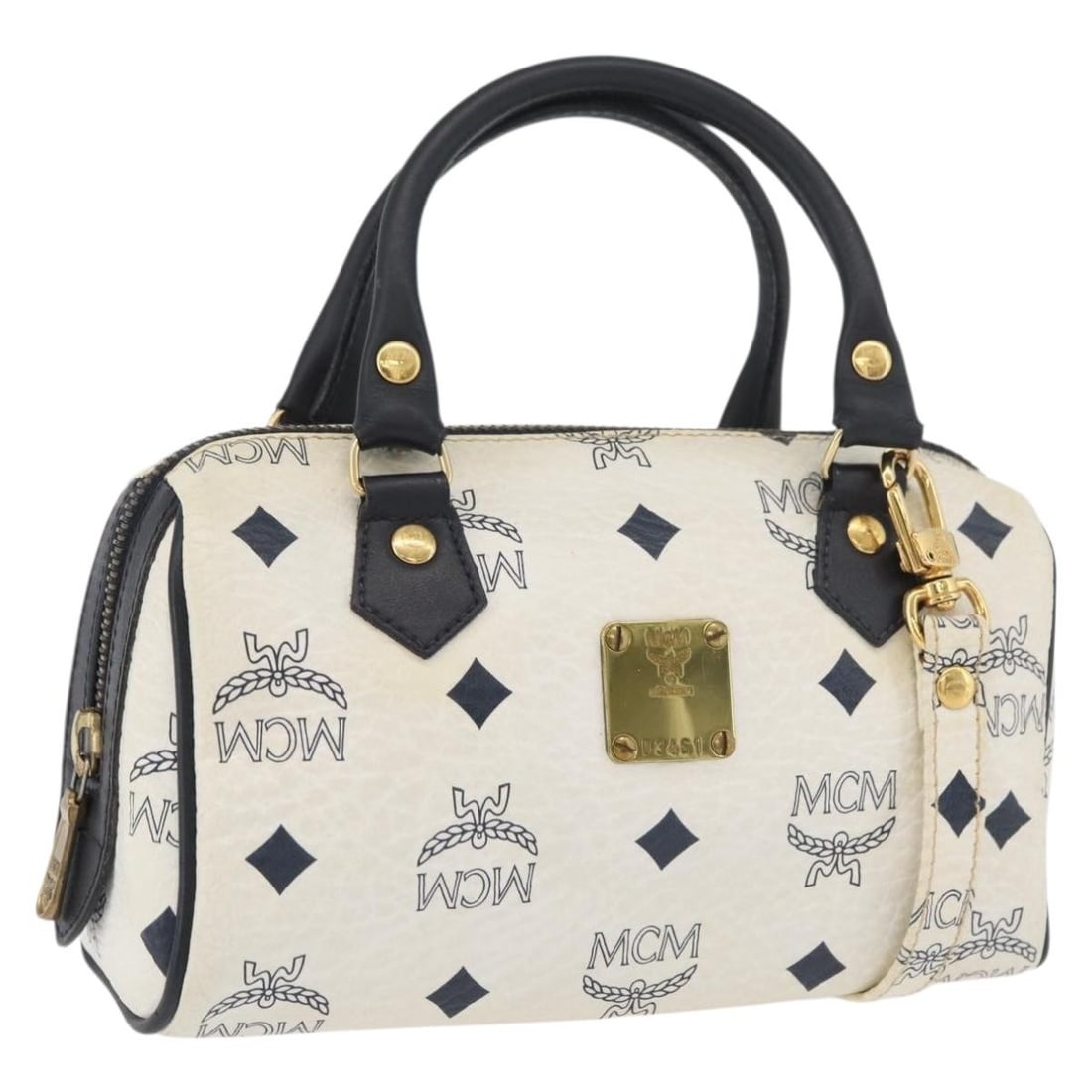 MCM Vicetos Logogram 2way Hand Bag PVC Leather White Gold: MCM Vicetos Logogram 2way Hand Bag PVC Leather White Gold MCM Vicetos logogram handbag in white and gold, made from PVC leather. It is a 2-way style with a shoulder strap accessory and was made in Ger