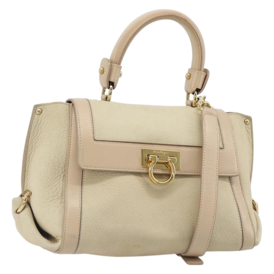 Salvatore Ferragamo Gancini Leather 2way Handbag Ivory Gold Tone Strap: Salvatore Ferragamo Gancini Leather 2way Handbag Ivory Gold Tone Strap Salvatore Ferragamo Gancini 2-way handbag in ivory leather with gold-tone accents. Designed for women and made in Italy, this han