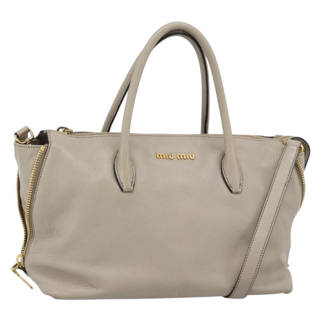 Miu Miu Gray Leather 2way Hand Bag with Shoulder Strap: Miu Miu Gray Leather 2way Hand Bag with Shoulder Strap Miu Miu 2-way handbag in gray leather with gold-tone accents. Made in Italy, this women's bag includes a shoulder strap for hand or shoulder carr
