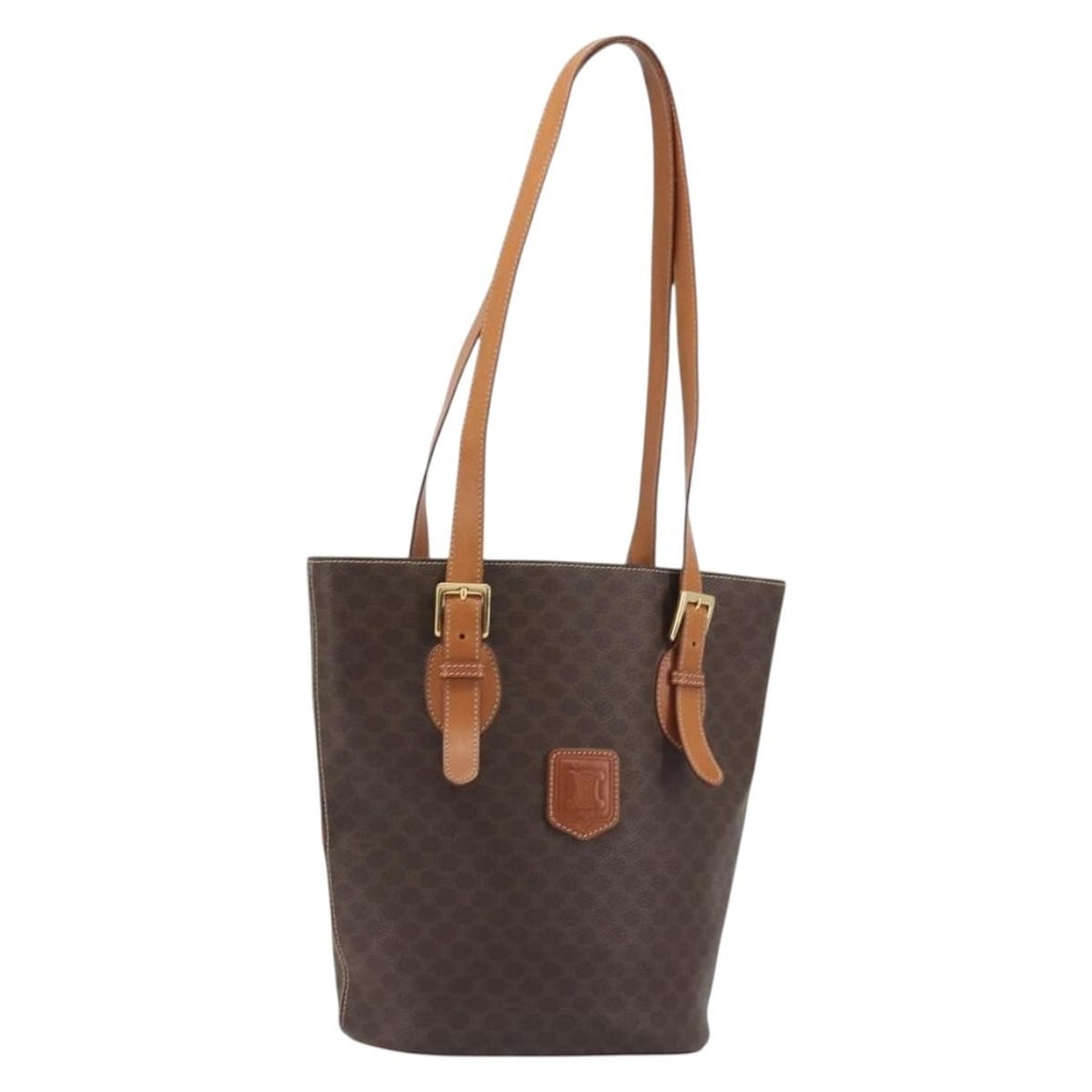 CELINE Macadam PVC Leather Tote Handbag Brown Gold Italy: CELINE Macadam PVC Leather Tote Handbag Brown Gold Italy Celine Macadam tote bag in brown PVC leather and Macadam canvas with gold-tone accents. Made in Italy, this women's tote is offered without the