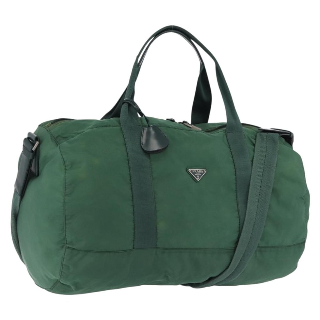 PRADA Green Nylon 2 Way Boston Bag with Strap Padlock and Keys: PRADA Green Nylon 2 Way Boston Bag with Strap Padlock and Keys Authentic PRADA 2-way Boston bag in green nylon with silver-tone accents. This women's bag includes a padlock, two keys, clochette, and s