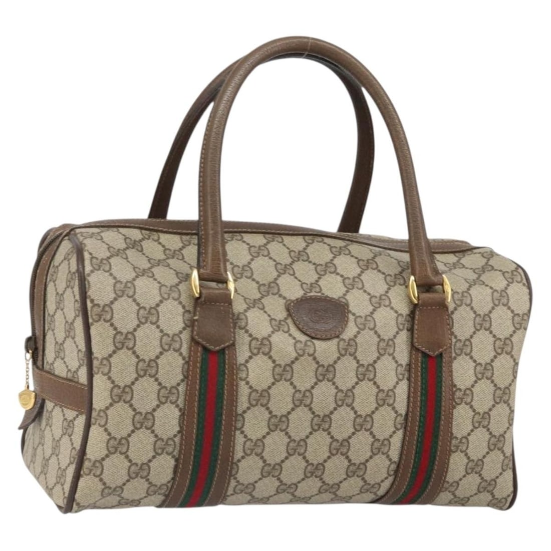 Gucci Boston Bag GG Supreme Sherry Line Beige PVC Canvas 002 069 0696: Gucci Boston Bag GG Supreme Sherry Line Beige PVC Canvas 002 069 0696 This is a Gucci GG Supreme Web Sherry Line Boston Bag crafted from beige PVC leather with gold-tone accents. The bag features the 