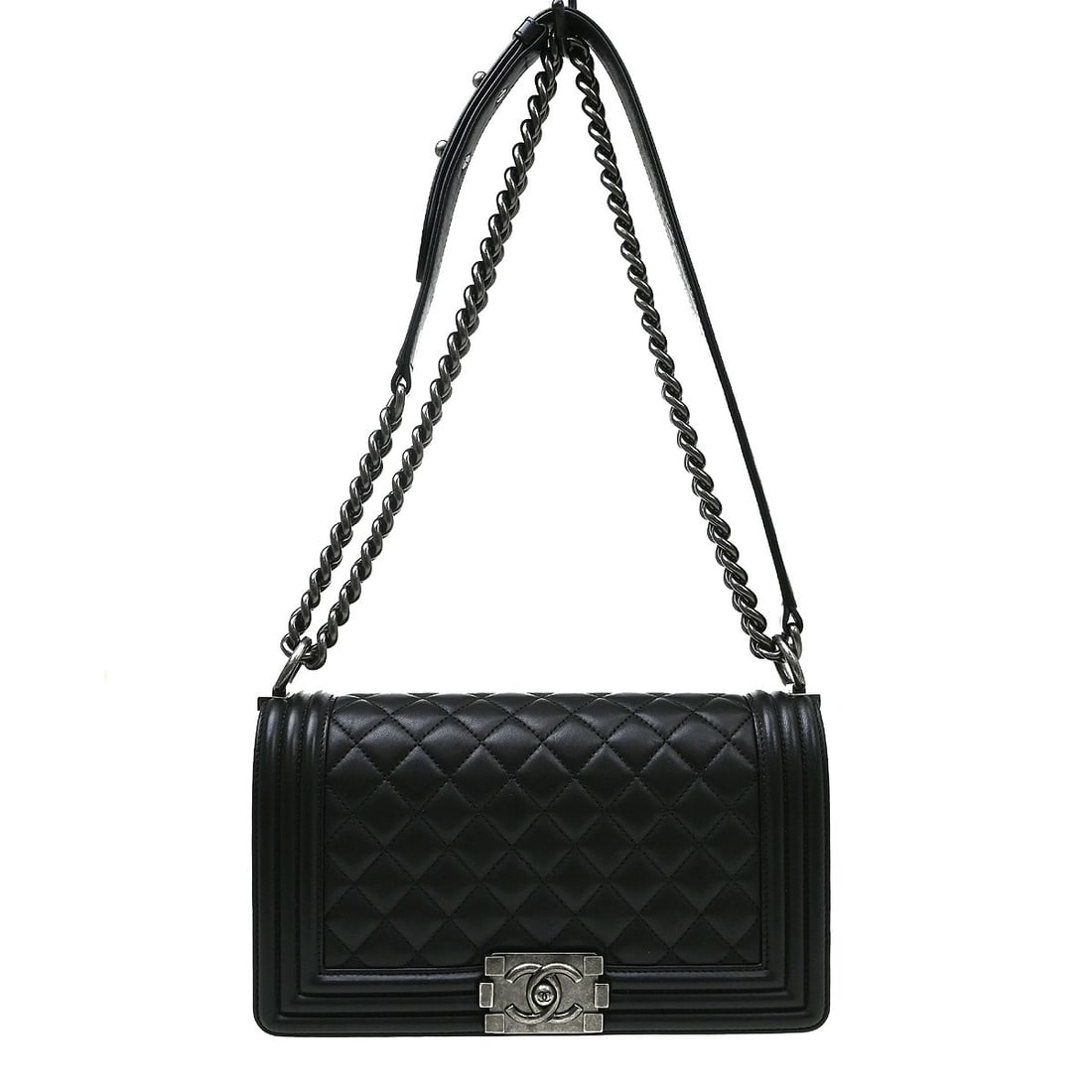 CHANEL Boy Medium Shoulder Bag Black Lambskin Push Lock: CHANEL Boy Medium Shoulder Bag Black Lambskin Push Lock Vintage Chanel Boy Medium shoulder bag in black lambskin with a push-lock closure, quilted accents, and silver-tone hardware. Designed with a ch