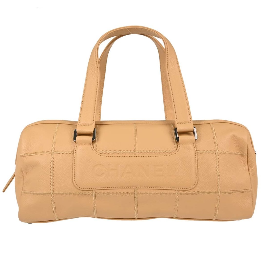 CHANEL Wild Stitch Choco Bar Beige Caviar Leather Top Handle Bag: CHANEL Wild Stitch Choco Bar Beige Caviar Leather Top Handle Bag Chanel Wild Stitch Choco Bar handbag in beige caviar skin leather with double handles and a canvas lining. This medium top handle bag f