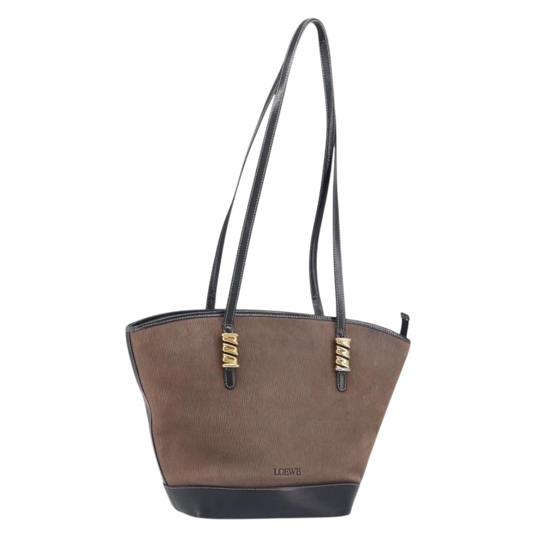 LOEWE Velazquez Leather Tote Handbag Brown Gold Spain: LOEWE Velazquez Leather Tote Handbag Brown Gold Spain Authentic LOEWE Velazquez tote bag in brown leather with gold-tone detailing, made in Spain. This women's tote has a heavily used condition with v