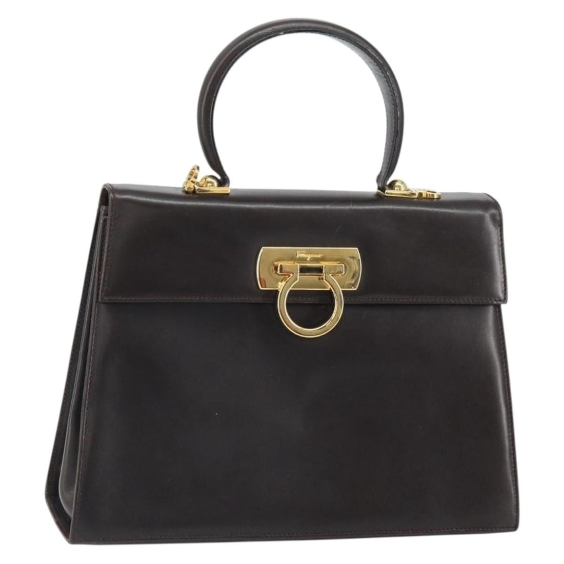 Salvatore Ferragamo Gancini leather 2way handbag brown with shoulder strap: Salvatore Ferragamo Gancini leather 2way handbag brown with shoulder strap Salvatore Ferragamo Gancini 2-way handbag in brown leather with gold-tone accents. Made in Italy, this women's bag includes a
