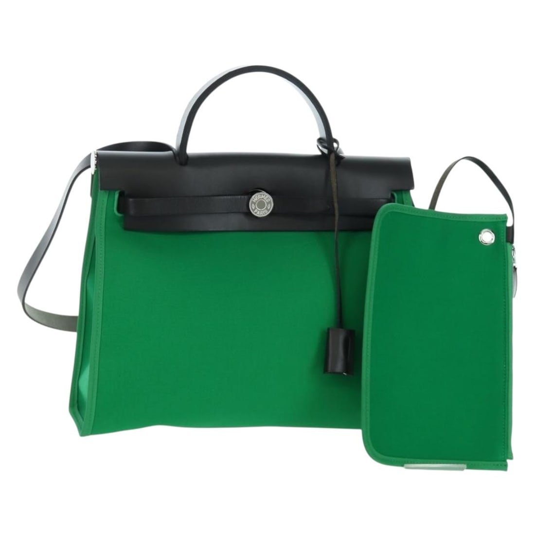 Hermes Air Zip PM 2way Canvas Handbag Green Silver: Hermes Air Zip PM 2way Canvas Handbag Green Silver Hermes Air Zip PM 2-way handbag in green canvas with silver-tone accents. Made in France, this women's bag includes a dust bag, padlock, two keys, cl