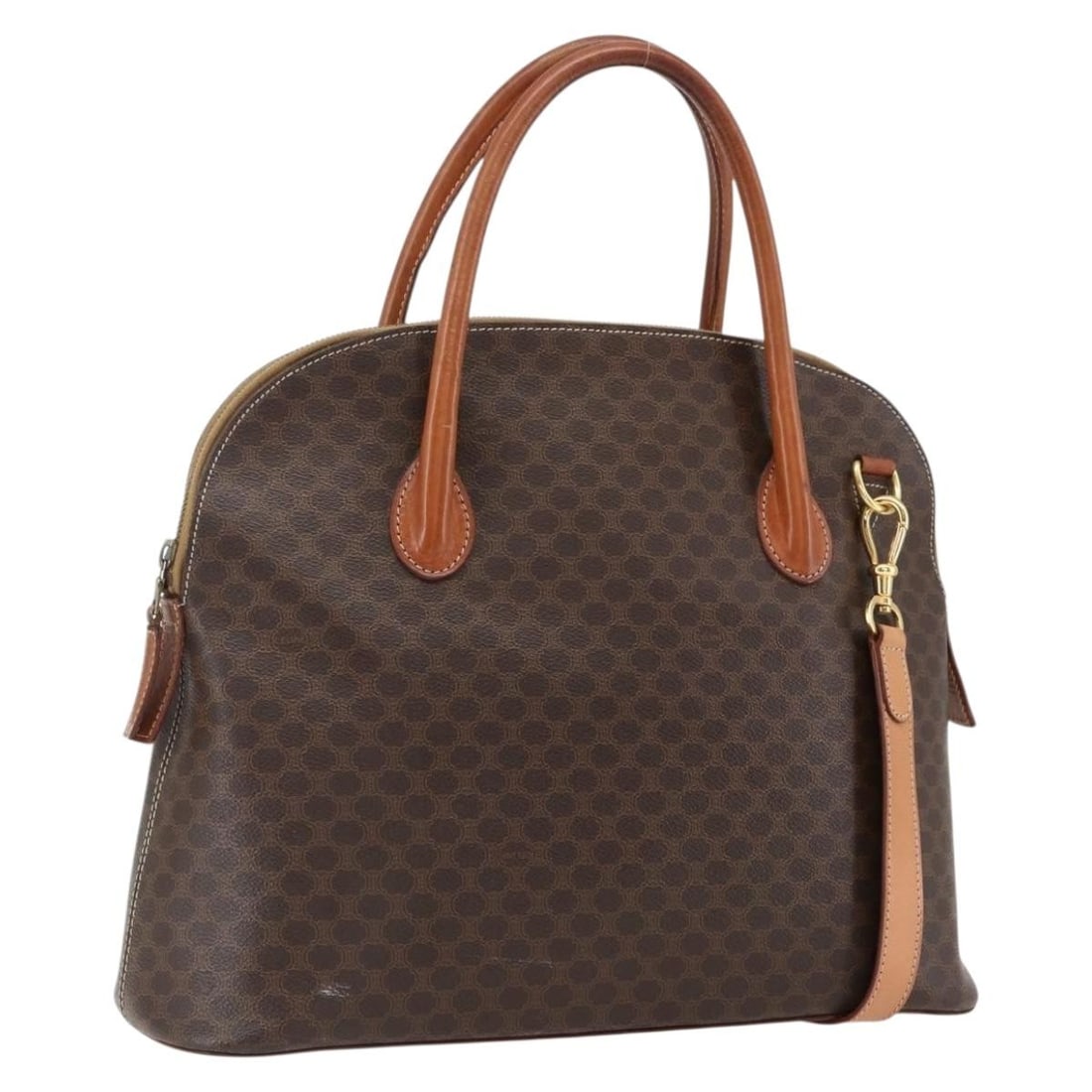 CELINE Macadam 2way Hand Bag Brown PVC Leather with Shoulder Strap: CELINE Macadam 2way Hand Bag Brown PVC Leather with Shoulder Strap Celine Macadam canvas hand bag with PVC leather trim in brown and gold. This 2-way design includes a shoulder strap and can be carrie