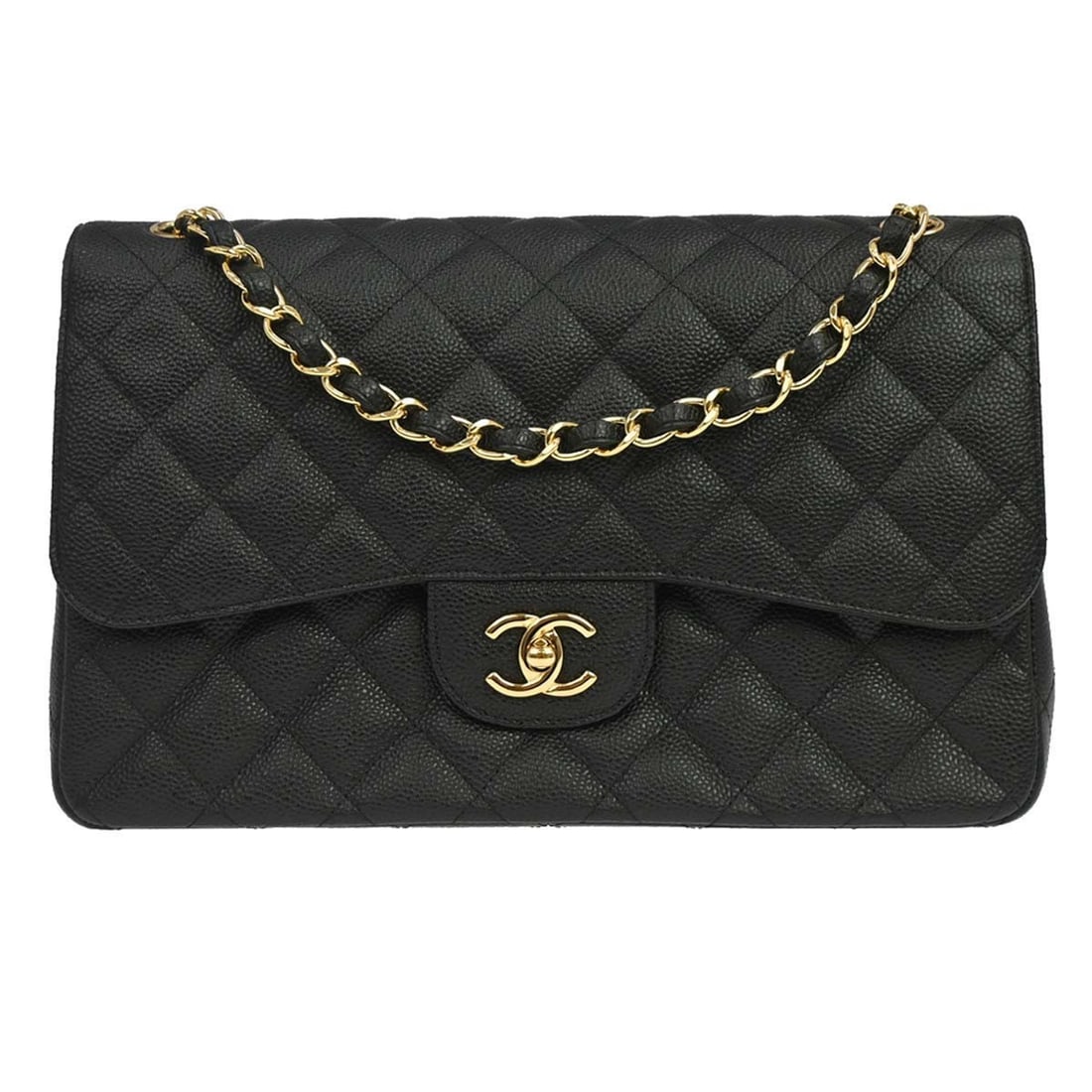 CHANEL Classic Double Flap Jumbo Shoulder Bag Black Caviar Leather: CHANEL Classic Double Flap Jumbo Shoulder Bag Black Caviar Leather Chanel Jumbo Classic Double Flap Shoulder Bag in black caviar skin leather with a turn lock closure. It features a shoulder strap, on