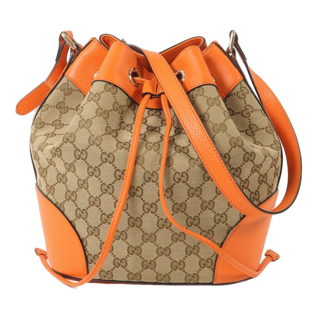 GUCCI 381597 GG Canvas Calfskin Shoulder Bucket Bag Orange Brown: GUCCI 381597 GG Canvas Calfskin Shoulder Bucket Bag Orange Brown Gucci bucket shoulder bag in orange and brown GG canvas with calfskin leather trim. This unisex shoulder bag features a bucket silhouet