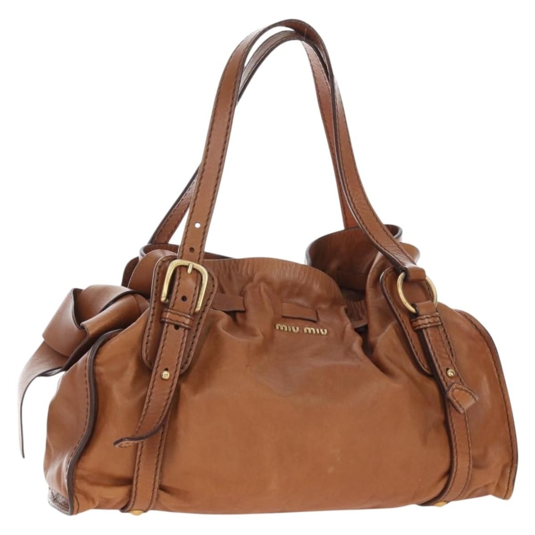 Miu Miu Leather Shoulder Bag Brown with Gold Tone Side Ribbon: Miu Miu Leather Shoulder Bag Brown with Gold Tone Side Ribbon Miu Miu shoulder bag in brown leather with gold tone accents. Designed for women, this Italian-made bag features side ribbon detailing and