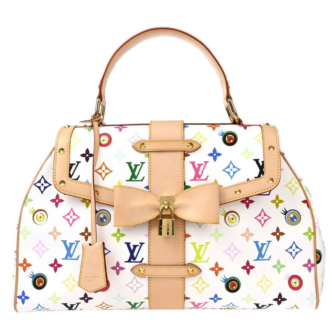 Louis Vuitton Sac Retro GM White Monogram Multicolor Handbag M92053: Louis Vuitton Sac Retro GM White Monogram Multicolor Handbag M92053 Vintage Louis Vuitton Sac Retro GM handbag in white Eye Love Monogram canvas with leather trim. This top-handle handbag features a f