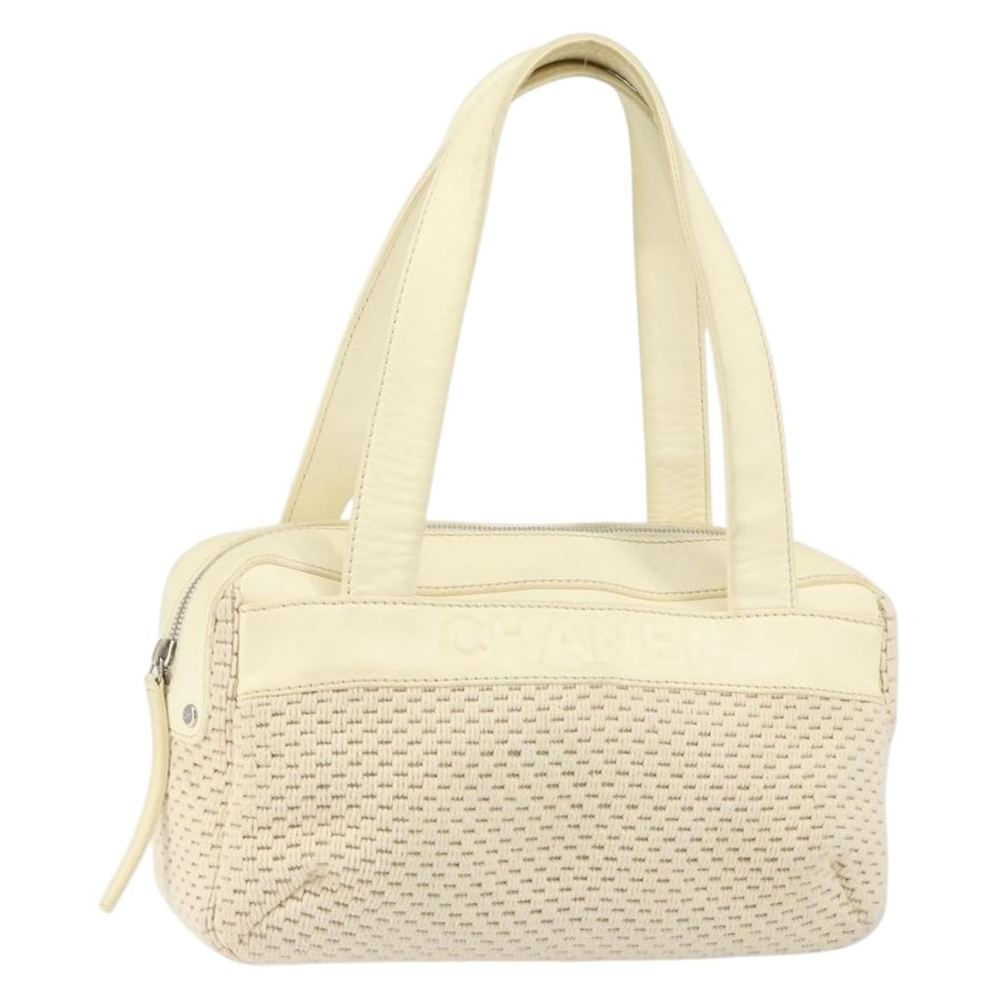 CHANEL White Silver Canvas Tote Bag with Leather Trim Italy: CHANEL White Silver Canvas Tote Bag with Leather Trim Italy Chanel tote bag in white and silver canvas with leather trim. This women's bag was made in Italy and is offered without the original box or 