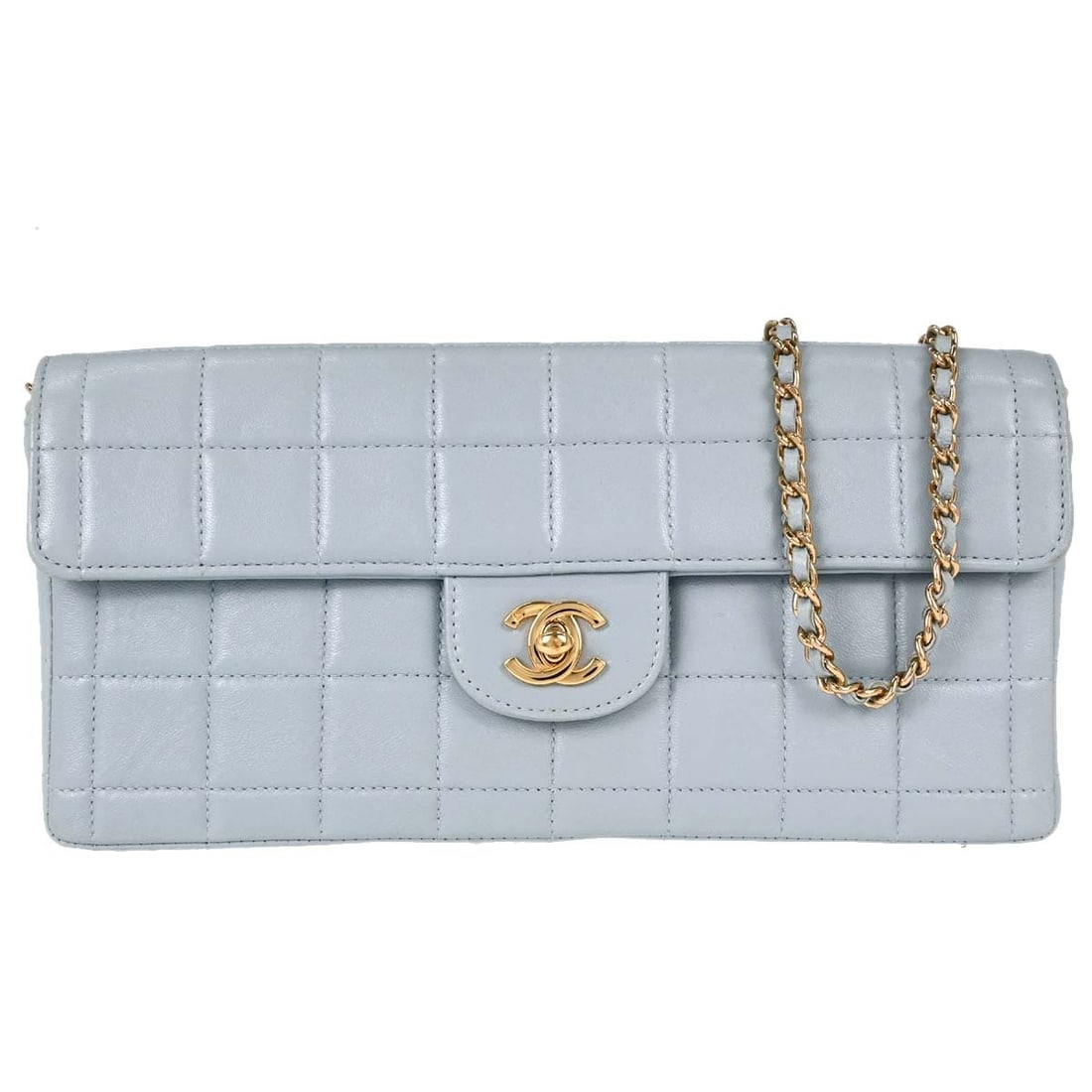 CHANEL East West Medium Shoulder Bag Light Blue Lambskin: CHANEL East West Medium Shoulder Bag Light Blue Lambskin Chanel East West shoulder bag in light blue lambskin leather with a flap turnlock closure, chain strap, and three interior pockets. Made in Fra