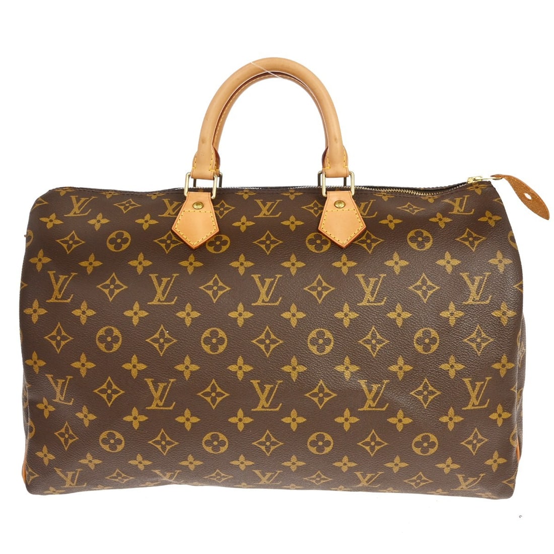 Louis Vuitton Speedy 40 Monogram Canvas Large Duffle Bag M41522: Louis Vuitton Speedy 40 Monogram Canvas Large Duffle Bag M41522 Vintage Louis Vuitton Speedy 40 duffle handbag in brown Monogram canvas with leather trim and double handles. This zip-top bag features 