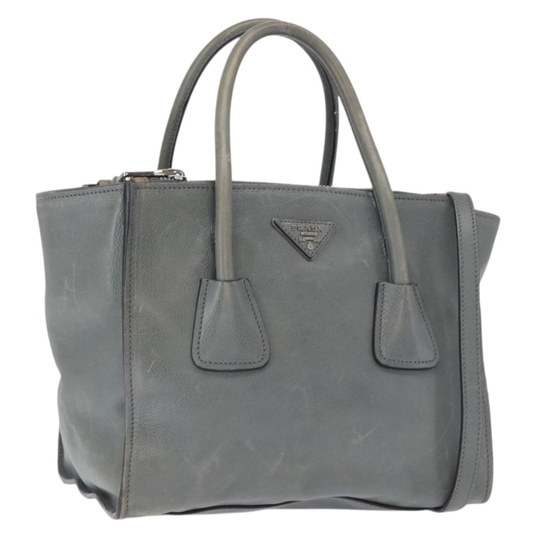 PRADA Saffiano Leather 2 Way Handbag Gray Silver with Shoulder Strap: PRADA Saffiano Leather 2 Way Handbag Gray Silver with Shoulder Strap Prada 2-way handbag in gray and silver Saffiano leather with dual carry options and an included shoulder strap. Made in Italy, this