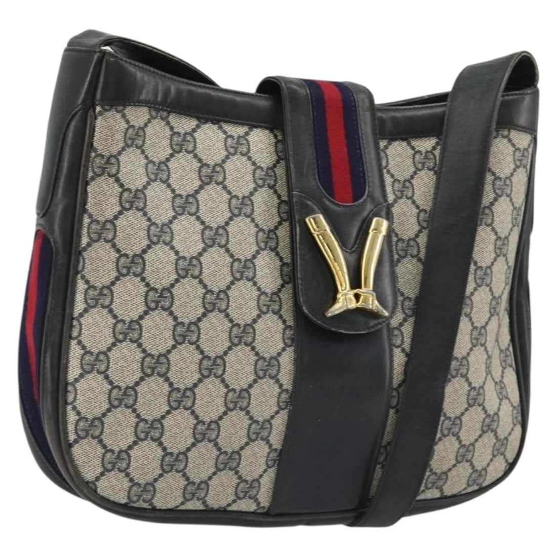 Gucci 190743 GG Supreme PVC Leather Shoulder Bag Navy Gold: Gucci 190743 GG Supreme PVC Leather Shoulder Bag Navy Gold A Gucci shoulder bag in navy and gold PVC leather, made in Italy. It features a shoulder strap with an approximate drop of 13.8-15.0 inches (