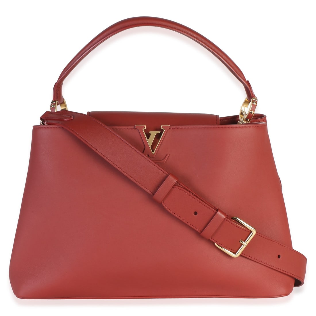 Louis Vuitton Capucines GM Souple leather top handle bag with strap: Louis Vuitton Capucines GM Souple leather top handle bag with strap Louis Vuitton Capucines GM Souple handbag in smooth grained calfskin with a flap top closure, top handle, and removable strap. This 