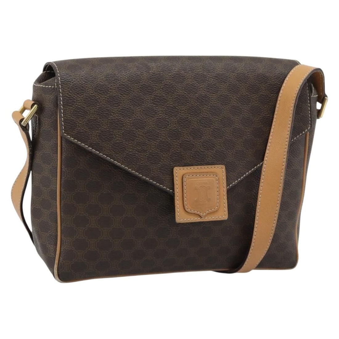 CELINE Macadam PVC Leather Shoulder Bag Brown Gold Tone Italy: CELINE Macadam PVC Leather Shoulder Bag Brown Gold Tone Italy Celine Macadam shoulder bag in brown PVC leather and Macadam canvas with gold-tone accents. Made in Italy, this women's shoulder bag featu