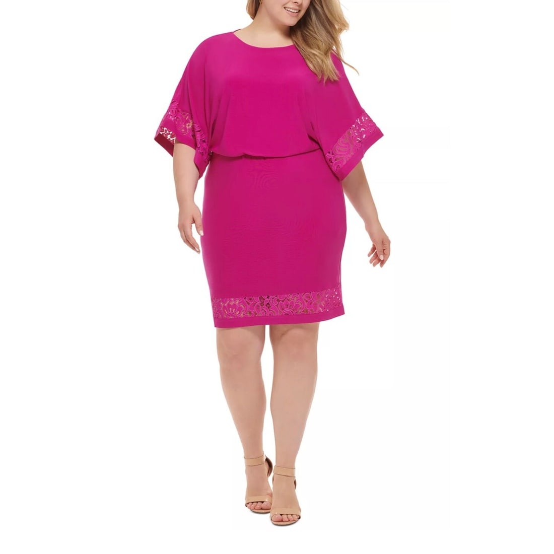 Jessica Howard Plus Size Fuchsia Blouson Dress with Kimono Sleeves: Jessica Howard Plus Size Fuchsia Blouson Dress with Kimono Sleeves Elevate your wardrobe with this stunning plus size blouson dress from Jessica Howard, designed for special occasions. The dress featu