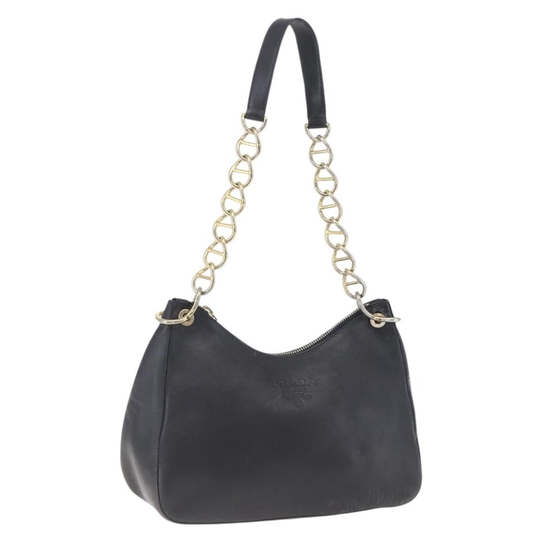 PRADA black leather shoulder bag with gold tone chain strap: PRADA black leather shoulder bag with gold tone chain strap Authentic Prada shoulder bag in black leather with gold-tone accents. This women's bag is made in Italy and features a chain shoulder strap.