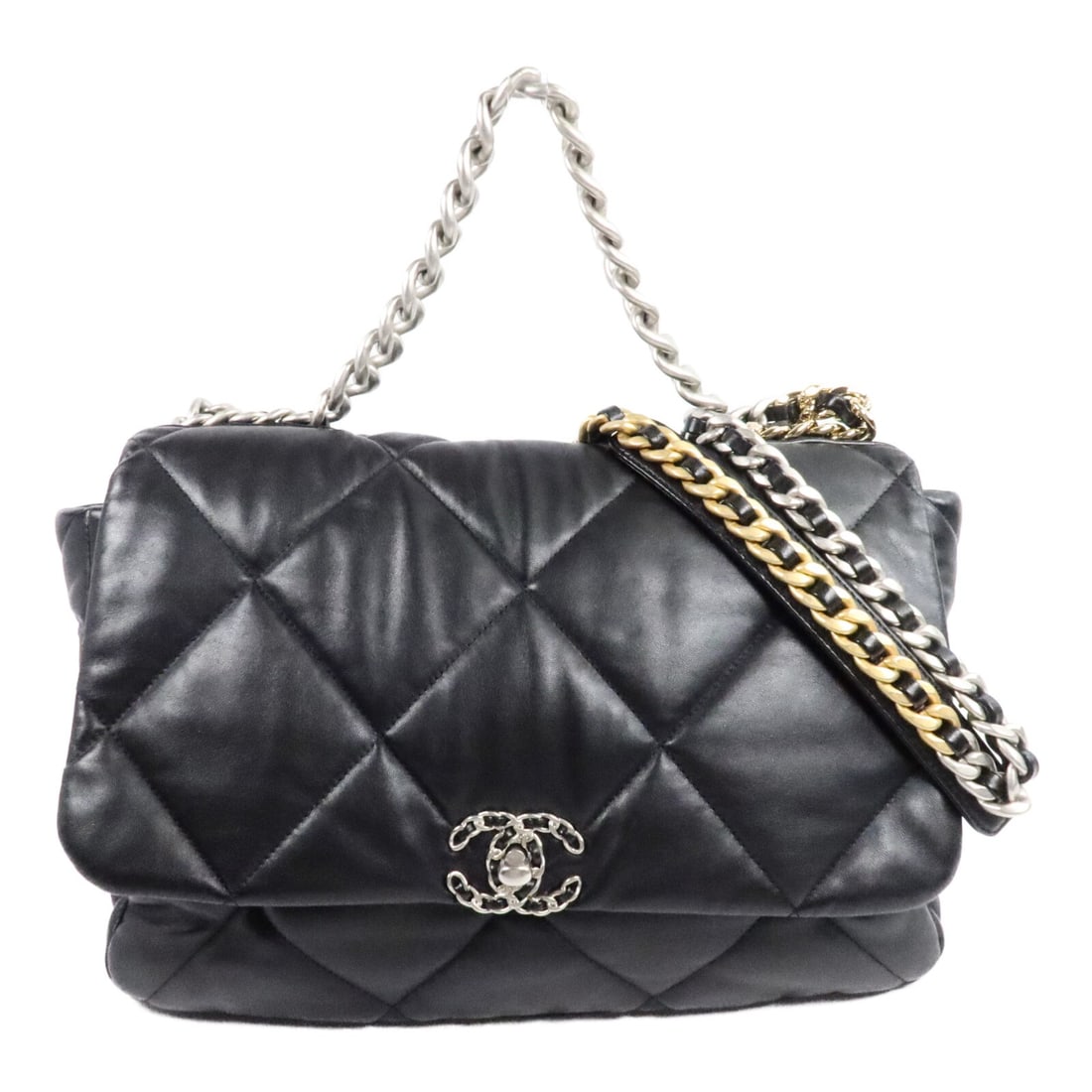 CHANEL AS1161 Chanel 19 Large 2 Way Shoulder Bag Black Lambskin: CHANEL AS1161 Chanel 19 Large 2 Way Shoulder Bag Black Lambskin Chanel 19 Large 2-way shoulder bag in black lambskin with a CC turn-lock closure and an interior zip pocket. This women's bag includes s