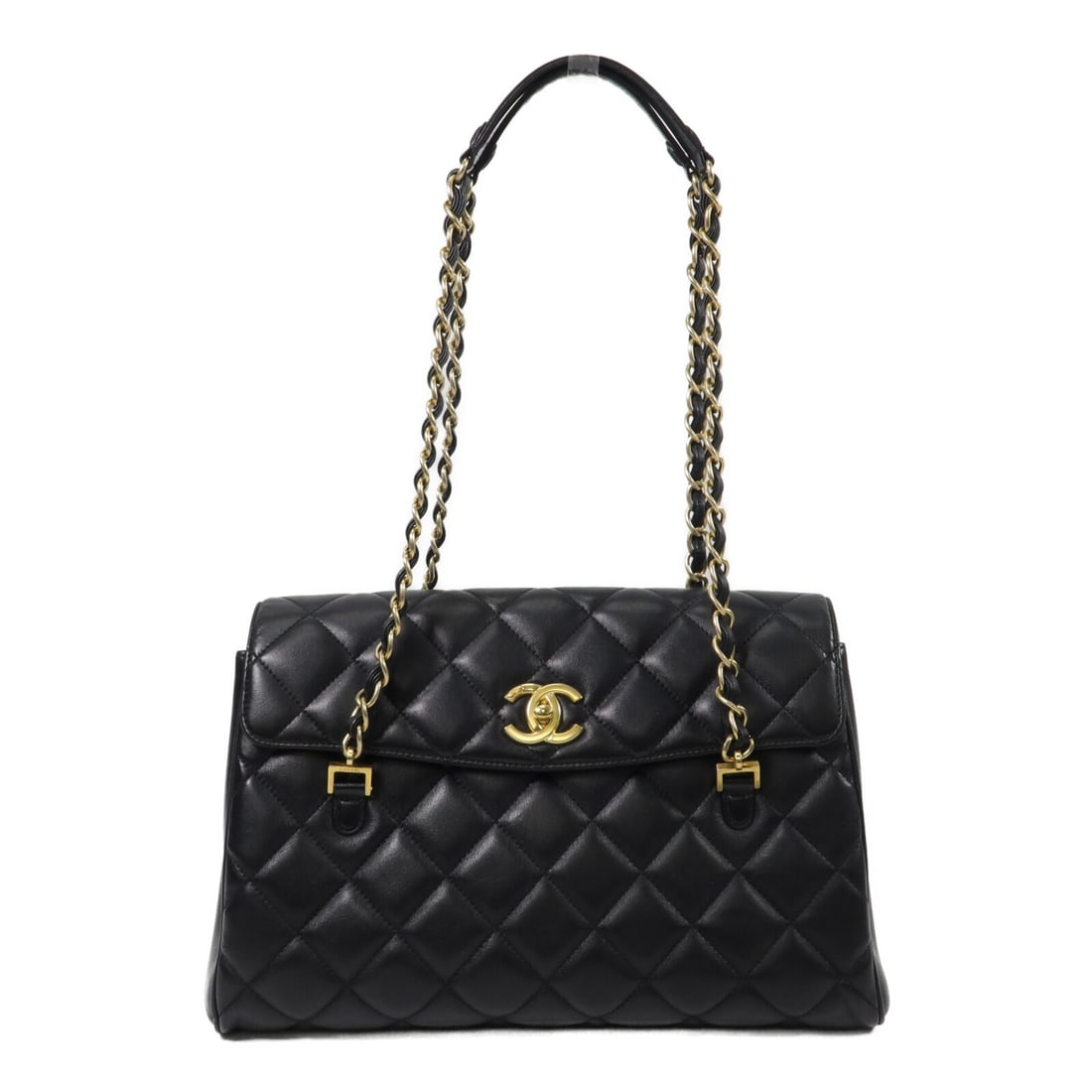 CHANEL CC lambskin shoulder bag black with chain and gold tone hardware: CHANEL CC lambskin shoulder bag black with chain and gold tone hardware Chanel CC chain shoulder bag in black lambskin leather with a turn-lock closure and interior storage compartments. Made in Franc