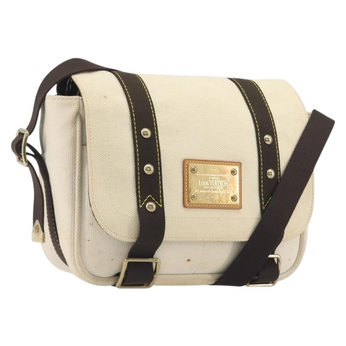 Louis Vuitton M40042 Antigua Buzas PM Canvas Shoulder Bag White Brown: Louis Vuitton M40042 Antigua Buzas PM Canvas Shoulder Bag White Brown Louis Vuitton Antigua Buzas PM shoulder bag in white and brown canvas. Made in France, this women's bag shows heavy use with loss 