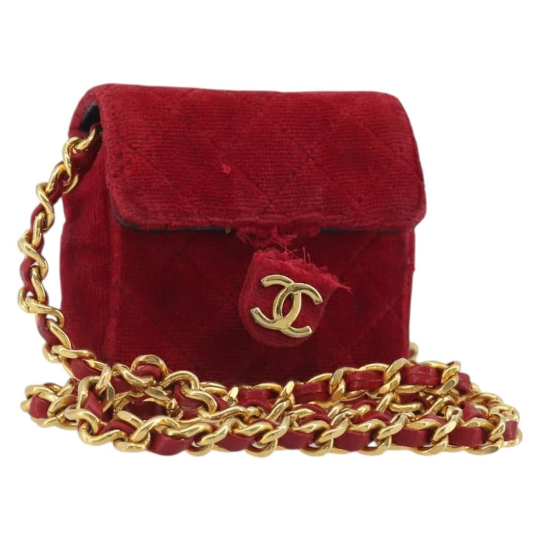 CHANEL CC Mini Shoulder Bag Red Velor Chain Strap Auth: CHANEL CC Mini Shoulder Bag Red Velor Chain Strap Auth Compact CHANEL Matelasse chain shoulder bag in red velor with gold-tone CC detailing, made in France. This women's shoulder bag includes only the