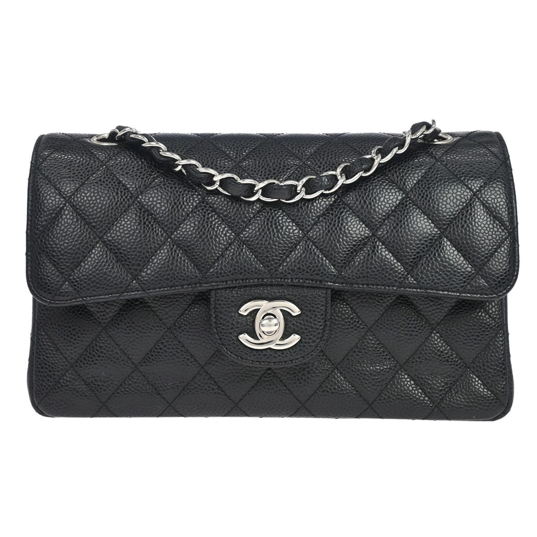 CHANEL Classic Double Flap Medium Shoulder Bag Black Caviar Leather: CHANEL Classic Double Flap Medium Shoulder Bag Black Caviar Leather Chanel Medium Classic Double Flap shoulder bag in black calfskin leather with a turn-lock closure and shoulder strap. This women's b