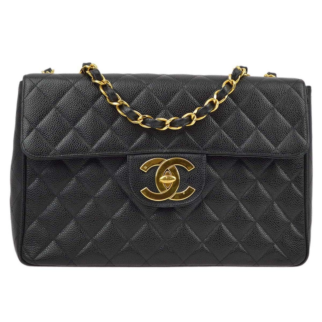 Chanel Classic Single Flap Jumbo Shoulder Bag Black Caviar Leather: Chanel Classic Single Flap Jumbo Shoulder Bag Black Caviar Leather Chanel Classic Single Flap Jumbo shoulder bag in black caviar skin leather with a quilted design and flap turnlock closure. This larg