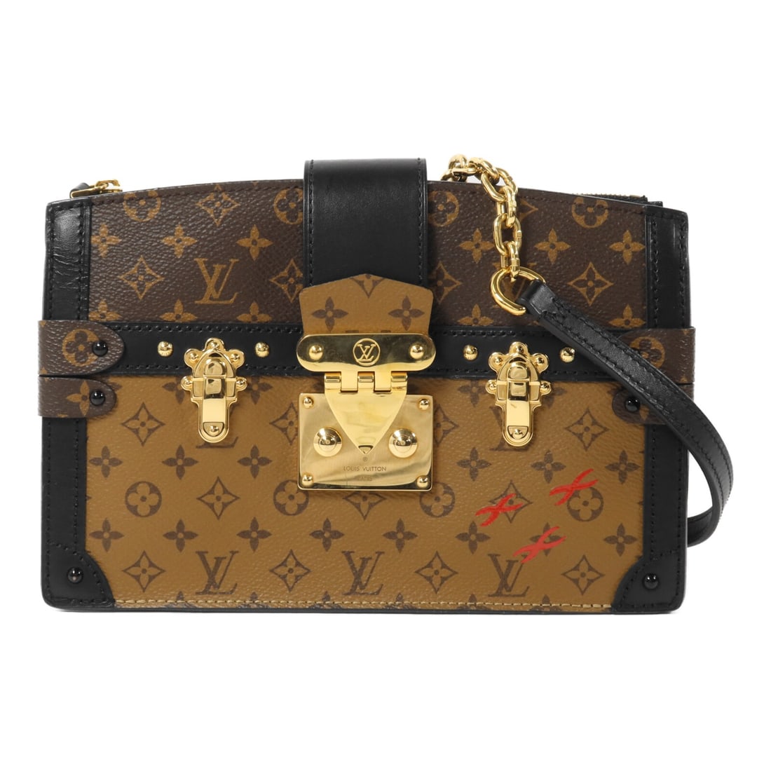 Louis Vuitton M43596 Monogram Reverse Trunk Clutch Shoulder Bag: Louis Vuitton M43596 Monogram Reverse Trunk Clutch Shoulder Bag Louis Vuitton Trunk Clutch shoulder bag in Monogram Reverse PVC coated canvas with a brown and black colorway. This women's bag features