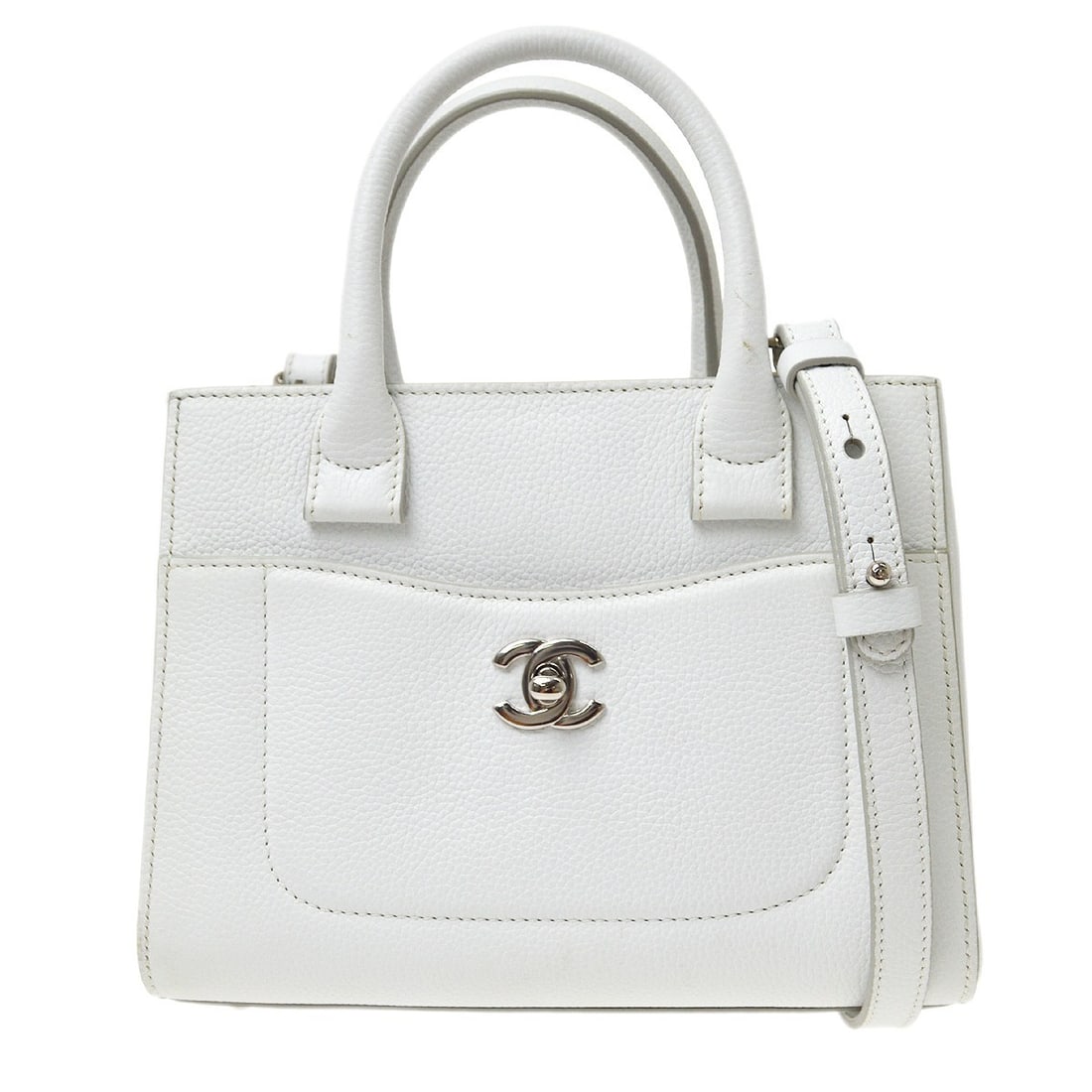 CHANEL 2way Top Handle Bag White Caviar Leather with Strap: CHANEL 2way Top Handle Bag White Caviar Leather with Strap Small Chanel 2-way top handle handbag in white caviar skin leather with a turn lock closure and leather lining. Made in Italy, this women's b