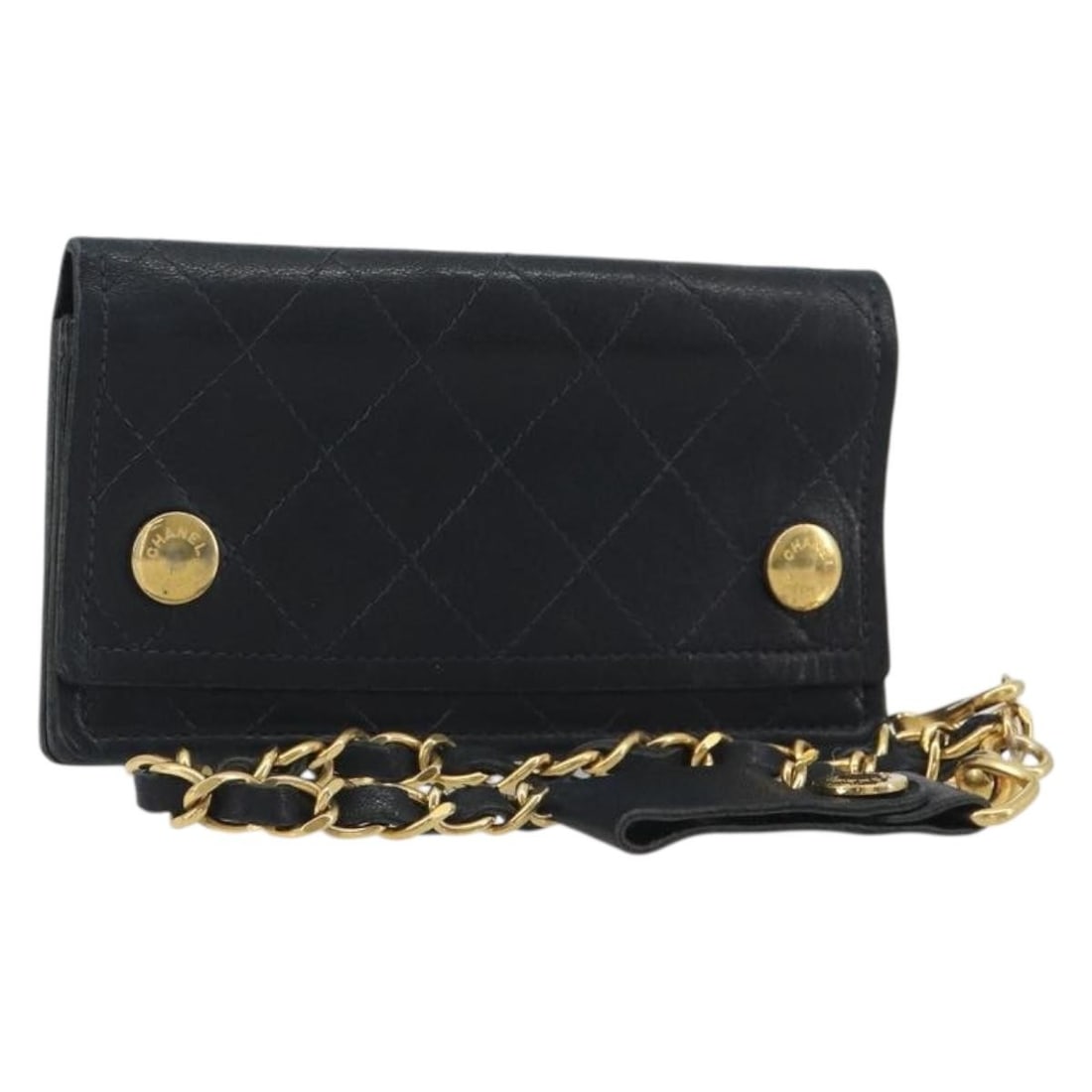CHANEL CC Leather Chain Wallet Black Gold Matelasse: CHANEL CC Leather Chain Wallet Black Gold Matelasse Chanel Matelasse chain wallet in black leather with gold-tone CC detailing. Made in France, this women's wallet includes the item only; box and dust