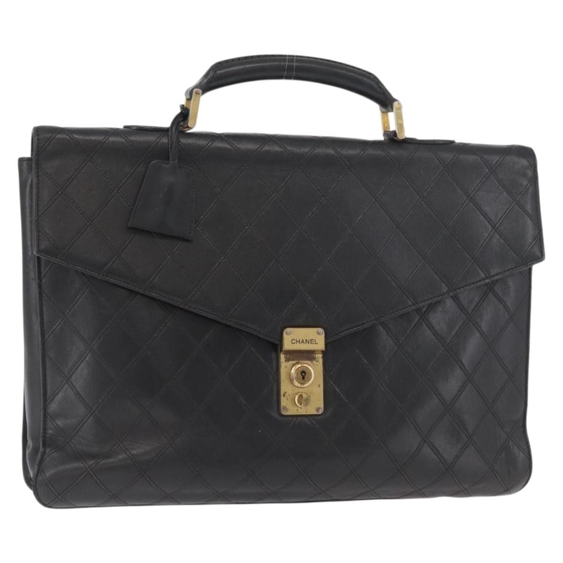 CHANEL Leather Business Bag Black Gold CC Italy: CHANEL Leather Business Bag Black Gold CC Italy CHANEL Bicolore business bag in black and gold leather, made in Italy. This women's bag includes one key and a clochette. It shows heavy use with notabl
