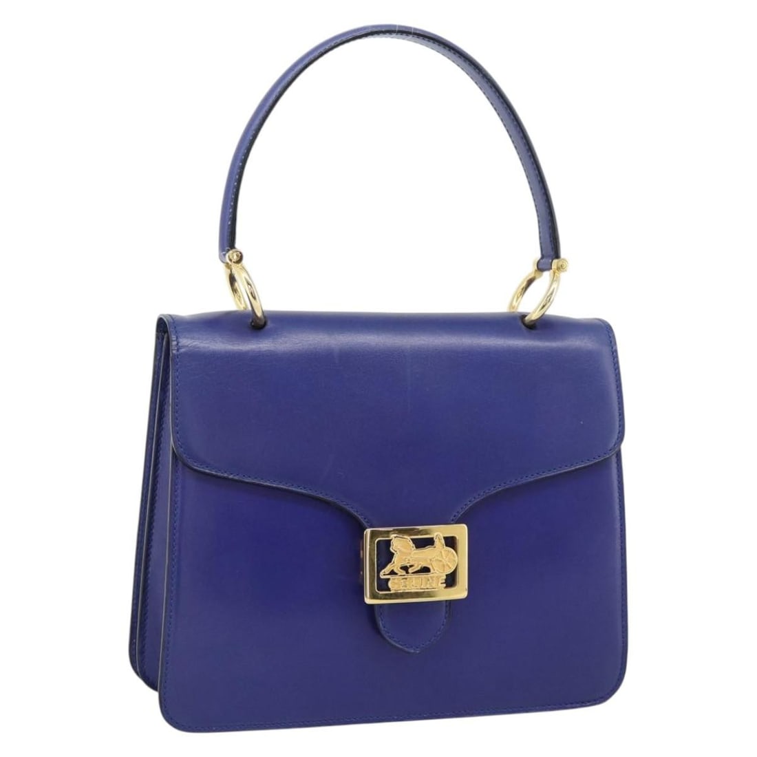 CELINE Horse Carriage Leather Handbag Blue Gold Italy: CELINE Horse Carriage Leather Handbag Blue Gold Italy Vintage CELINE Horse Carriage hand bag in blue leather with gold-tone accents. Made in Italy, this women's handbag is offered without the original