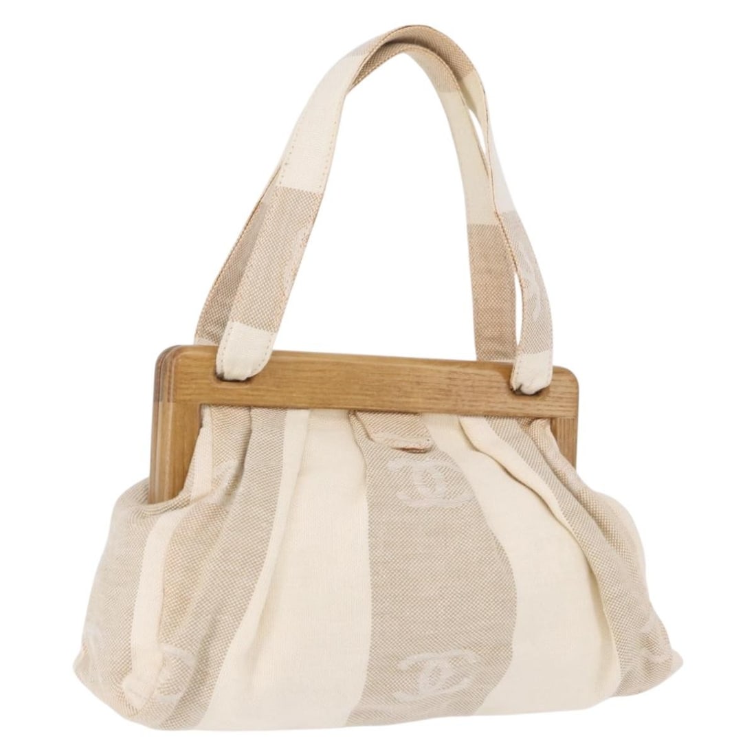 CHANEL Beige Canvas Hand Bag with Dust Bag Italy: CHANEL Beige Canvas Hand Bag with Dust Bag Italy Chanel beige canvas handbag with gold-tone CC detailing, made in Italy. Includes a dust bag. This heavily used bag shows visible wear throughout, inclu
