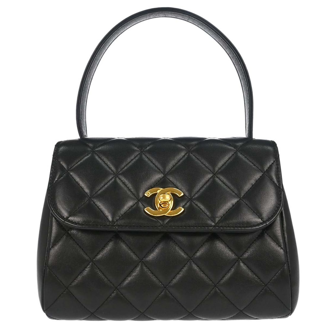 CHANEL Classic Flap top handle bag in black lambskin: CHANEL Classic Flap top handle bag in black lambskin Chanel Classic Flap top handle handbag in black lambskin with a turn-lock closure and lambskin lining. Made in France, this medium handbag features