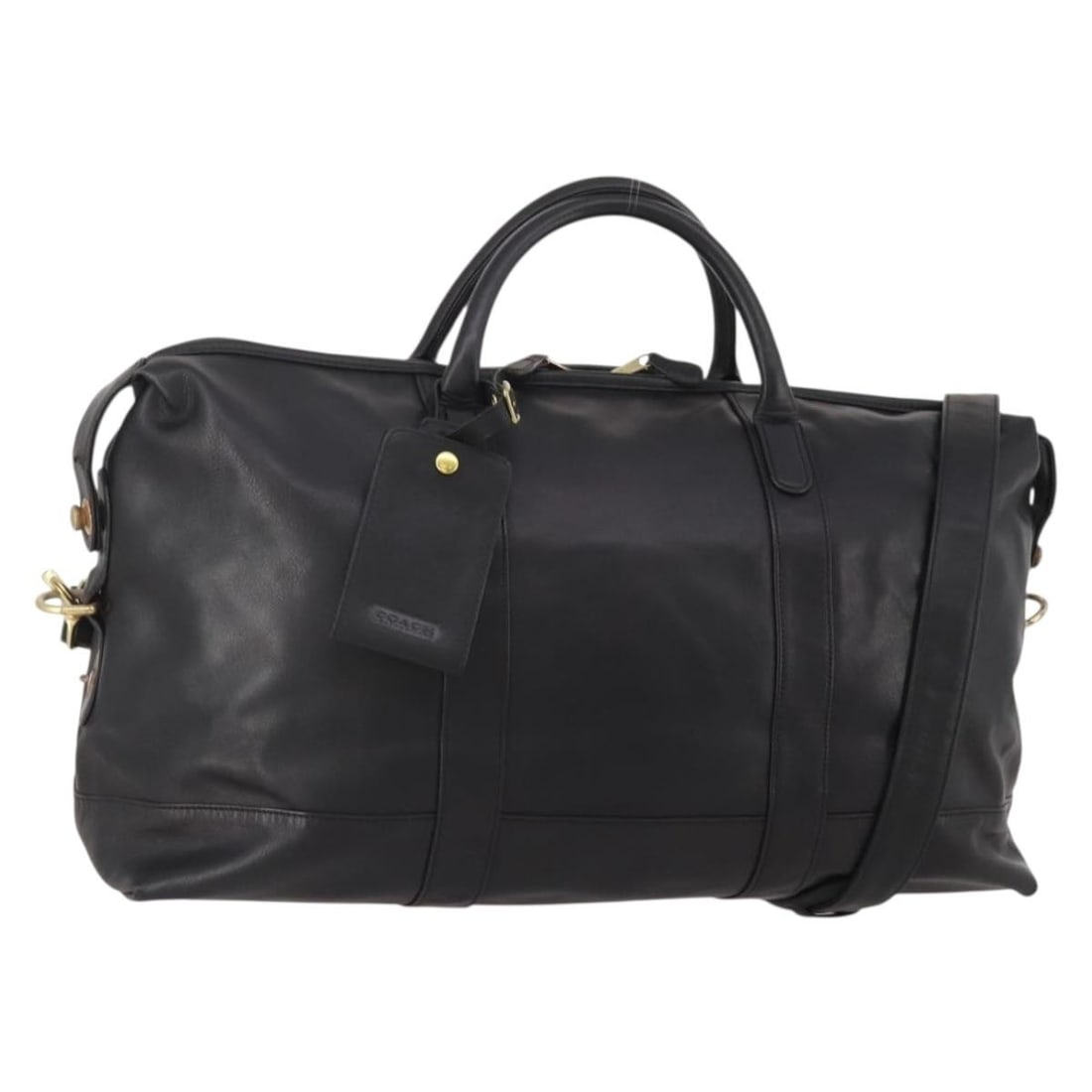 Coach 2way Boston Bag Black Leather with Shoulder Strap Name Tag: Coach 2way Boston Bag Black Leather with Shoulder Strap Name Tag Coach Boston bag in black leather with gold tone accents. This women's 2-way bag includes a name tag and shoulder strap. Made in the US