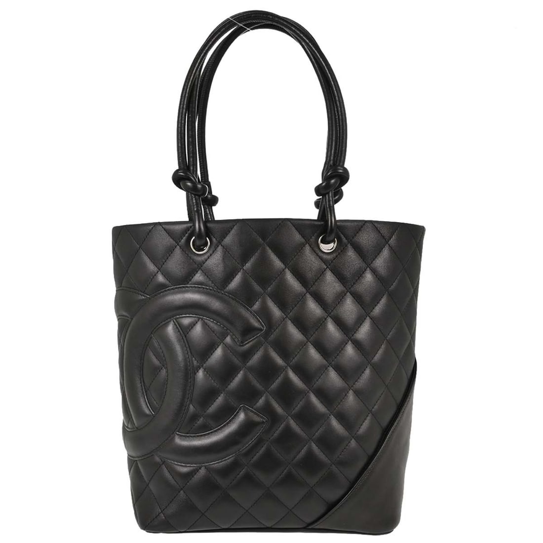 CHANEL Cambon Ligne medium black calfskin tote handbag: CHANEL Cambon Ligne medium black calfskin tote handbag Chanel Cambon Ligne tote handbag in black calfskin leather with a quilted matelasse design and logo accents. This medium tote features double bla