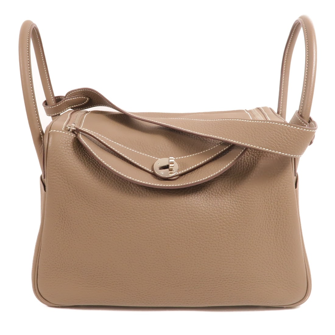 Hermes Lindy 30 Clemence Leather 2Way Shoulder Bag Etoupe PHW: Hermes Lindy 30 Clemence Leather 2Way Shoulder Bag Etoupe PHW Hermes Lindy 30 2-way shoulder handbag in Etoupe Clemence leather with palladium-tone hardware. This women's bag is made in France and fea