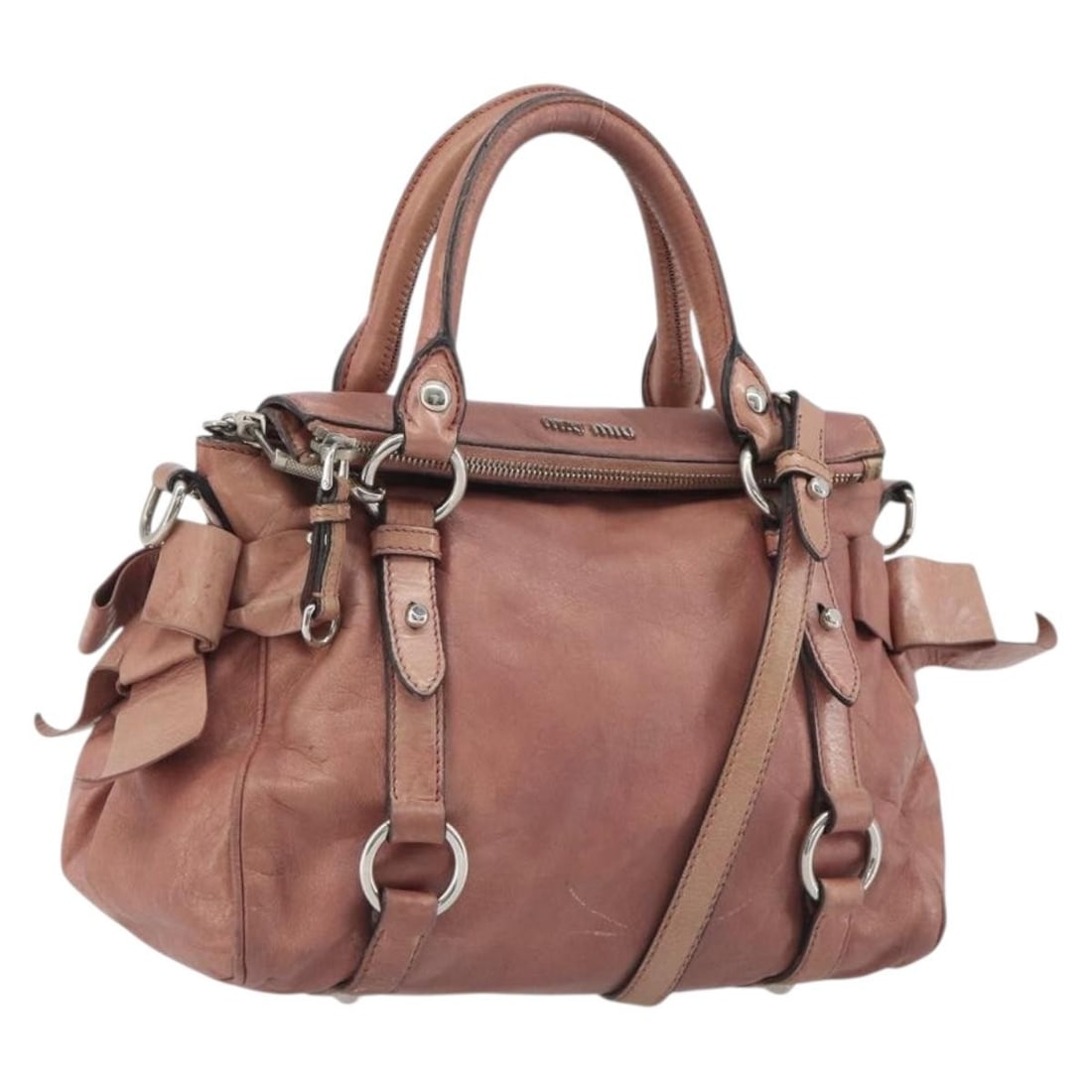Miu Miu Leather 2way Handbag Pink Silver with Shoulder Strap: Miu Miu Leather 2way Handbag Pink Silver with Shoulder Strap Miu Miu 2-way handbag in pink and silver leather with side ribbon detailing. This women's bag includes a shoulder strap and has been custom