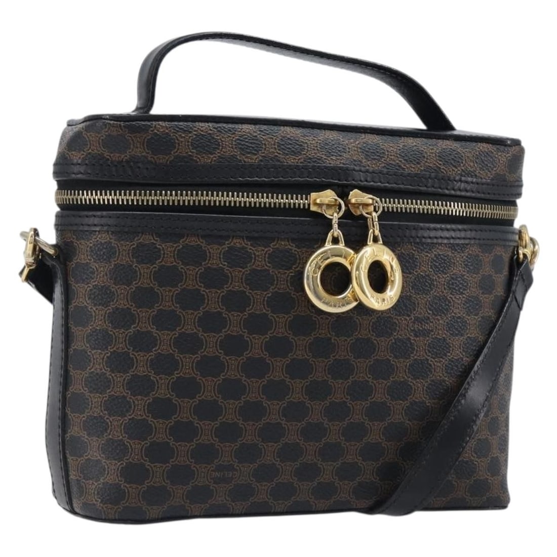 CELINE Macadam 2way Hand Bag Black PVC Leather with Strap: CELINE Macadam 2way Hand Bag Black PVC Leather with Strap Celine 2-way handbag in black Macadam canvas with PVC leather trim and gold-tone accents. Made in Italy, this women's bag includes a shoulder 