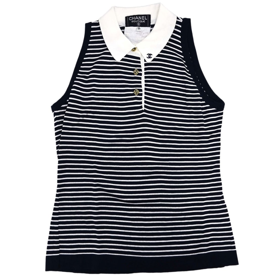 Chanel 38 Womens Sleeveless Cotton Tank Top Navy White: Chanel 38 Womens Sleeveless Cotton Tank Top Navy White Vintage Chanel sleeveless border top in navy and white with a regular fit and basic tank styling. Made in France from 100% cotton, this casual su