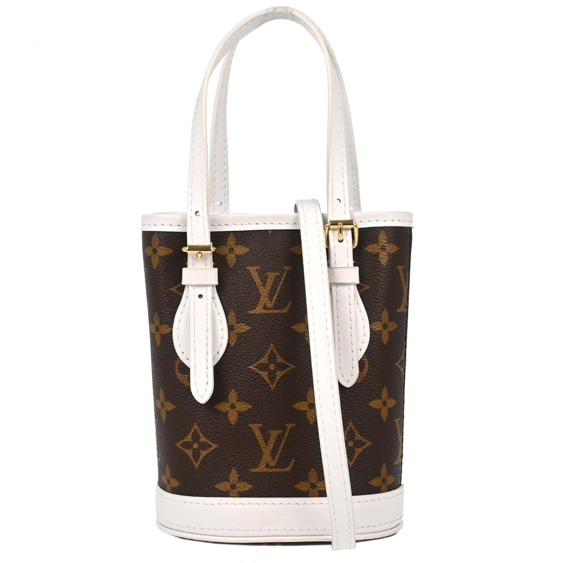 Louis Vuitton M81489 Nano Bucket Monogram Mini Shoulder Bag: Louis Vuitton M81489 Nano Bucket Monogram Mini Shoulder Bag Louis Vuitton Monogram Nano Bucket 2Way handbag in brown and white monogram canvas with leather trim. This mini bucket-style bag is made in 